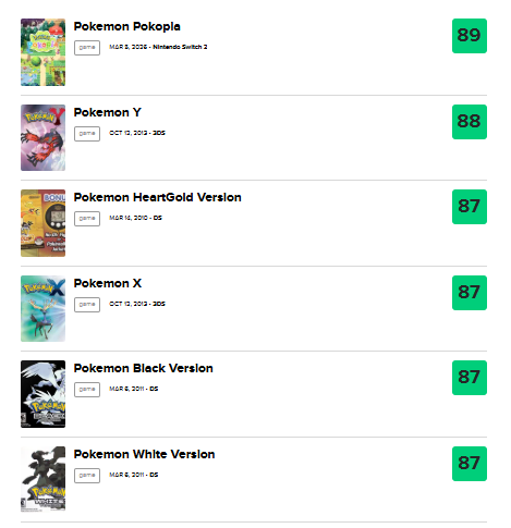 ポケモンシリーズ歴代メタスコア